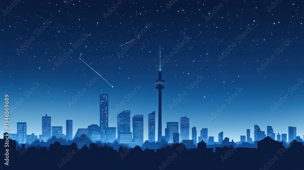 Fototapeta premium Night city skyline with stars, urban landscape