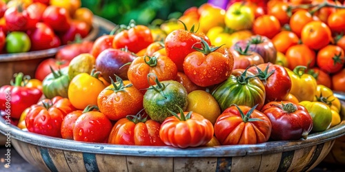 Colorful wet whole tomatoes arranged artfully at a bustling marketplace stall, fruit bowl, shopping,  fruit bowl