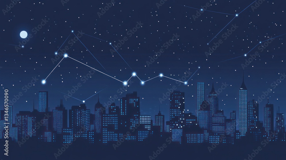Fototapeta premium Night city skyline with starry connections. Stock photo