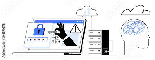 Hand stealing keys from laptop screen with locks, warning sign, server, cloud, and brain outline. Ideal for cybercrime, data safety, hacking awareness, internet security encryption cloud storage