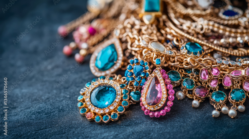 Luxurious Gemstone Jewelry Collection on Dark Surface, fine craftsmanship for advertisement Luxurious Gemstone Jewelry Collection on Dark Surface, fine craftsmanship for advertisement
