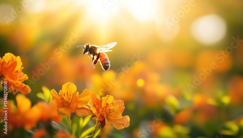 A solitary honey bee is flying near orange flowers bathed in sunlight