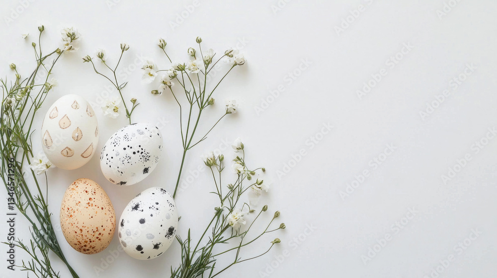 Obraz premium A stylish Easter composition with decorated eggs and fresh flowers on a clean white background, minimalistic aesthetic