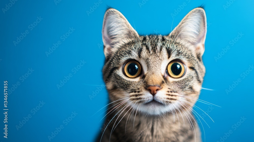 Portrait of a curious tabby cat with vibrant blue background Portrait of a curious tabby cat with vibrant blue background