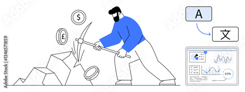 Worker extracting currency coins using a pickaxe near analytics dashboard showing data trends and language translation. Ideal for finance, globalization, data analysis, mining, tech innovation