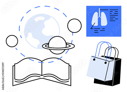 Open book, planet with orbit, shopping bags, and lungs illustration on blue background. Ideal for education, science, retail, knowledge learning health and commerce themes. Abstract line flat