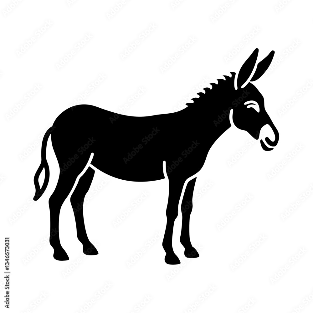 A silhouette of a horse and donkey standing together in a farm setting, illustrated in a simple and cartoonish style A silhouette of a horse and donkey standing together in a farm setting, illustrated in a simple and cartoonish style