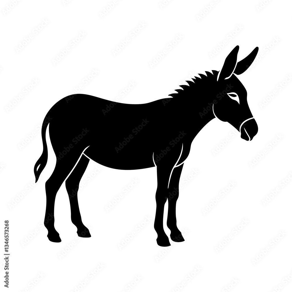 A silhouette of a horse and donkey standing together in a farm setting, illustrated in a simple and cartoonish style A silhouette of a horse and donkey standing together in a farm setting, illustrated in a simple and cartoonish style