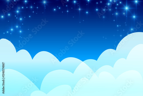 Vector background with hand drawn clouds. Illustration with space for text. Bright stars on dark blue sky.
