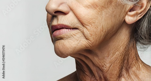 Close up of middle-aged senior old woman neck - shows wrinkles and lines as natural part of aging as the skin loses elasticity and collagen - being exposed to UV light over time