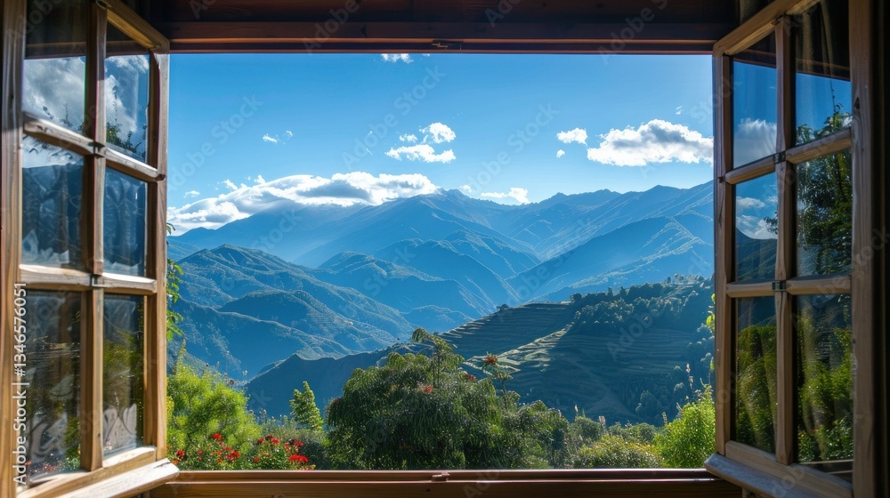 Fototapeta premium A scenic mountain view from a window.
