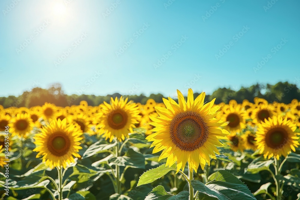 A Vibrant Field of Blooming Sunflowers Under a Clear Blue Sky A Vibrant Field of Blooming Sunflowers Under a Clear Blue Sky