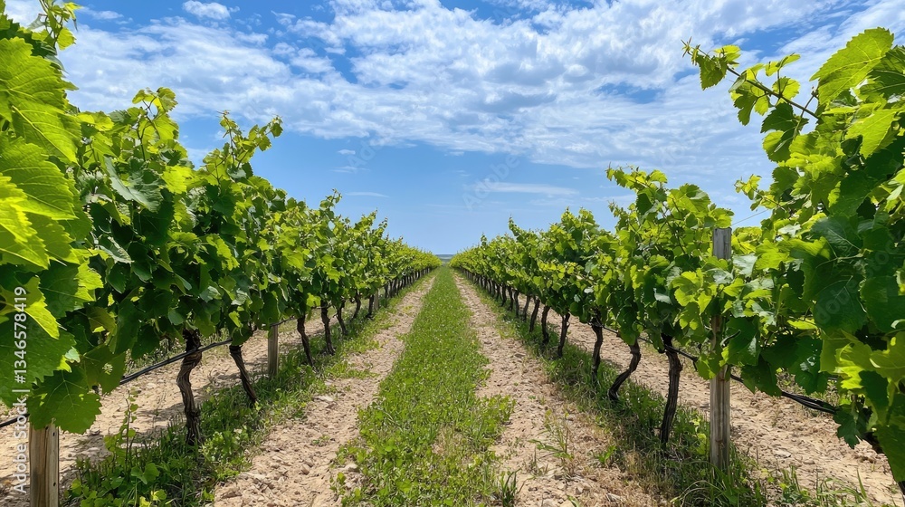 Rows of lush grapevines thriving in mineral-rich soil, with a glass of wine in the foreground. Rows of lush grapevines thriving in mineral-rich soil, with a glass of wine in the foreground.