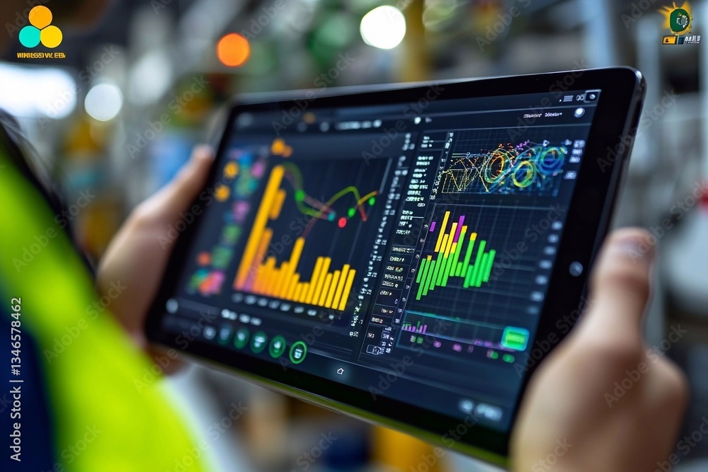 An engineer in a protective vest and helmet touches a tablet touchscreen displaying graphs of the performance of a solar panel.
An engineer in a protective vest and helmet touches a tablet touchscreen displaying graphs of the performance of a solar panel.