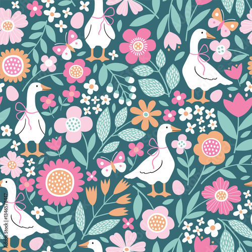 Seamless vector pattern with white goose on floral background. Hand drawn cute Easter goose pattern with tiny flowers. Perfect for textile, wallpaper or nursery print design. EPS 10 vector file.