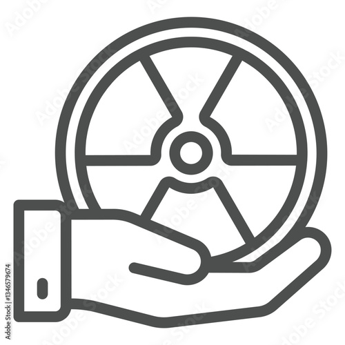 Radiation seal in hand line icon, atomic energy concept. Vector graphics. Hand palm with radioactivity danger sticker sign on white background, outline style icon for mobile or web design.