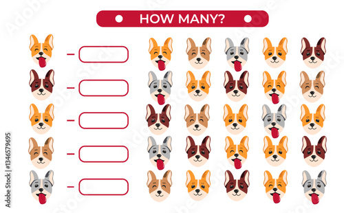 Math kids activity sheet. Count how many cute head, face kawaii dogs. Vector illustration of dog. Activity sheet education counting game for preschool kids, children