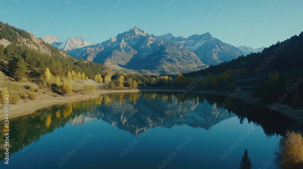 A serene aerial view of a crystal-clear mountain lake reflecting the surrounding valley and towering peaks, showcasing the beauty of nature. A serene aerial view of a crystal-clear mountain lake reflecting the surrounding valley and towering peaks, showcasing the beauty of nature.