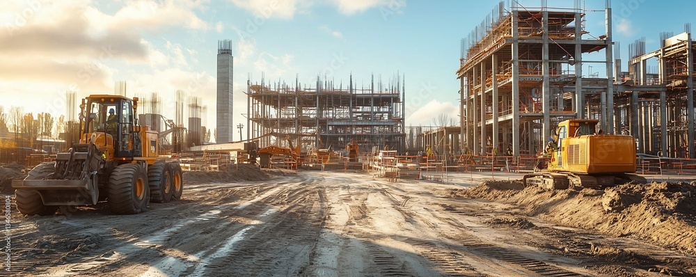 Fototapeta premium Industrial construction site with heavy machinery, steel frameworks, and massive concrete pillars being set into place.