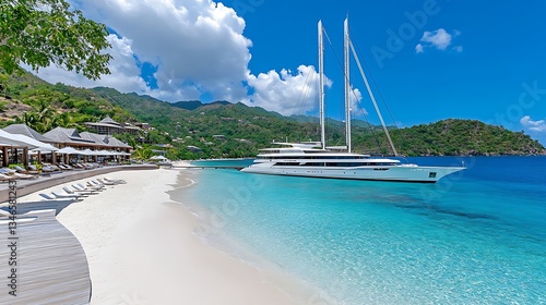 Fototapeta Naklejka Na Ścianę i Meble -  Luxury Yacht Moored at Tropical Beach Resort Stunning Seascape