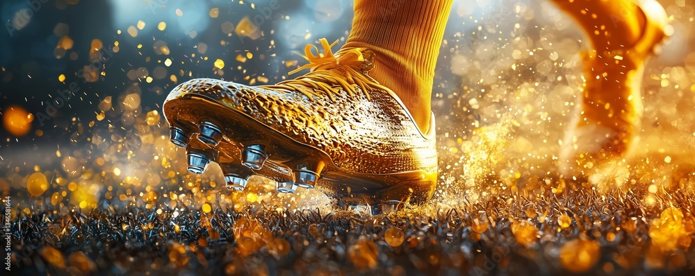 Obraz premium Golden Boot Soccer Banner. A legendary striker with golden soccer boot in focus.