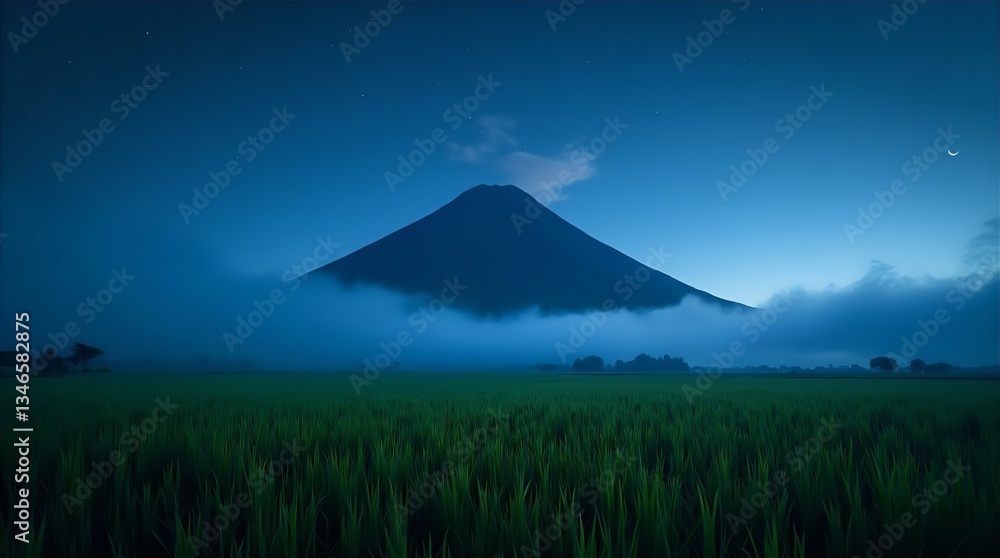 Fototapeta premium Serene Blue Hour Mountain Peak Foggy Clouds Rice Field Night Landscape