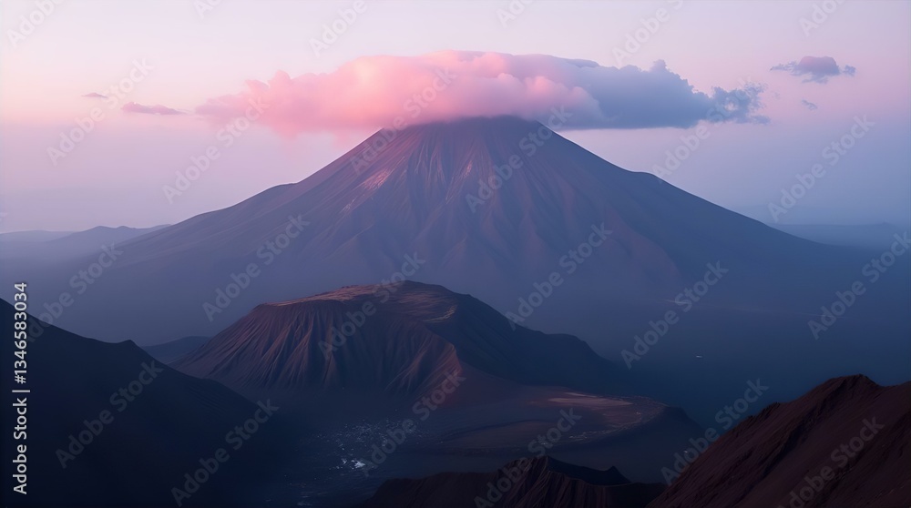 Fototapeta premium Bromo Semeru Pink Sunset Lenticular Cloud - Volcanic Landscape Scenic Peak View