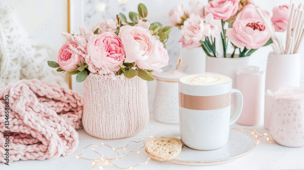 Morning Warmth: Latte with Floral Accents in Soft Pink Hues, Decorative Cozy Arrangement Morning Warmth: Latte with Floral Accents in Soft Pink Hues, Decorative Cozy Arrangement
