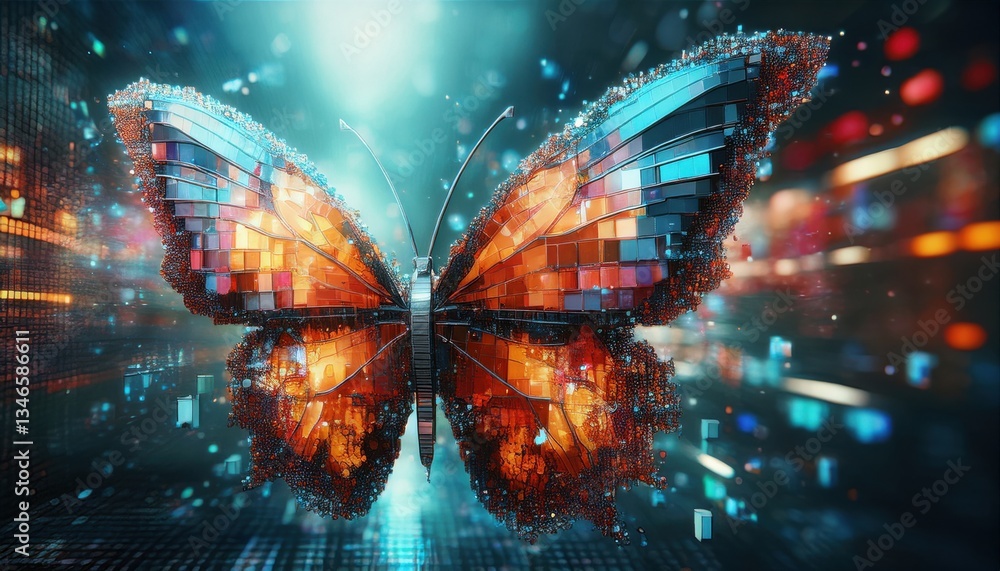 A digital cybernetic butterfly composed of glowing orange and blue metallic fragments A digital cybernetic butterfly composed of glowing orange and blue metallic fragments