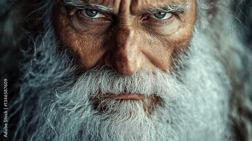 Close-up portrait of an old man with a long white curly beard, resembling a character from a biblical event Close-up portrait of an old man with a long white curly beard, resembling a character from a biblical event