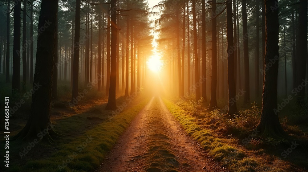 Fototapeta premium Morning Sunlit Forest Path Golden Light Rays Serene Forest Landscape