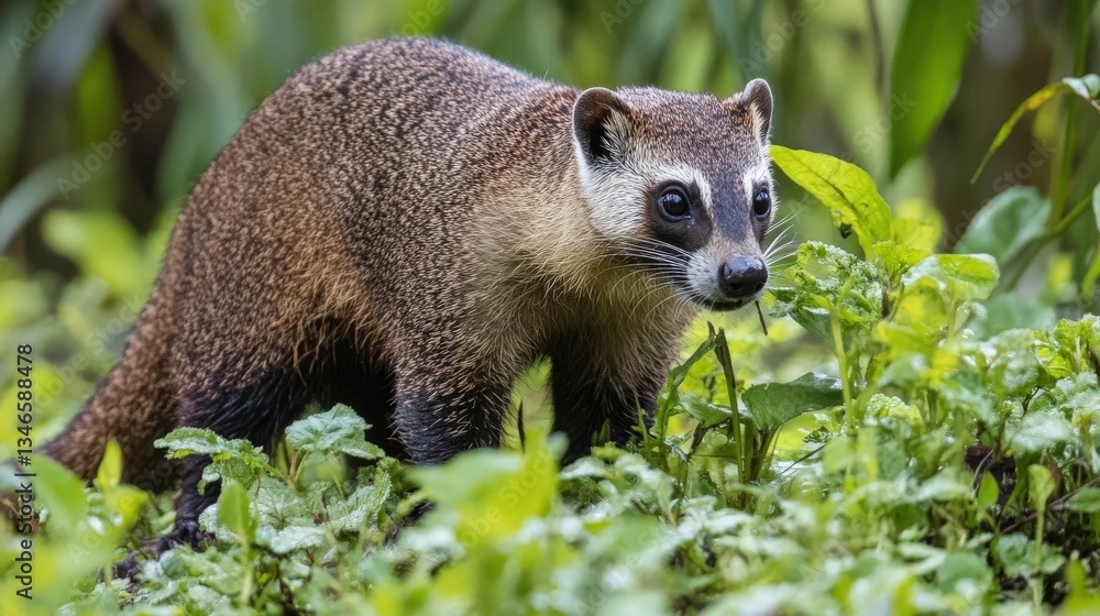 Fototapeta premium A brown and tan animal stands in the green foliage