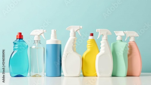 multi-colored bottles of household cleaning products.