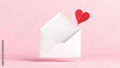White open postal envelope with flying paper pink airplane and hearts on light pink background. Love letter. Postcard