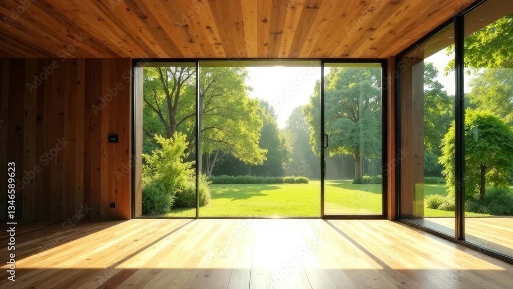 Fototapeta premium empty room with window, Sunbeams illuminate the empty room with wooden floors and large windows overlooking the beautiful green garden.