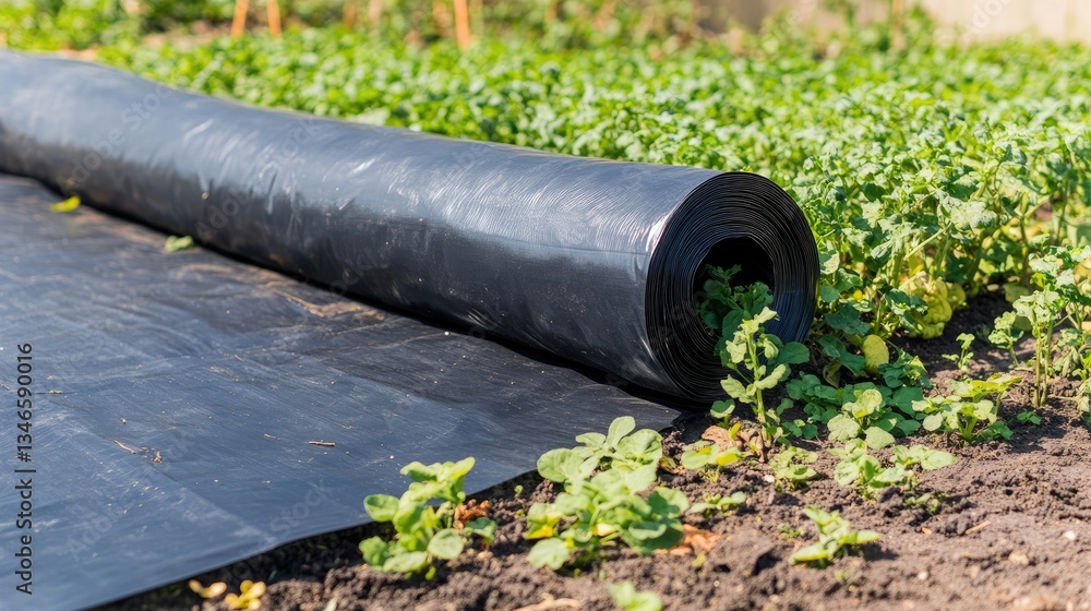 A plastic sheet being unrolled over the ground to prevent grass growth