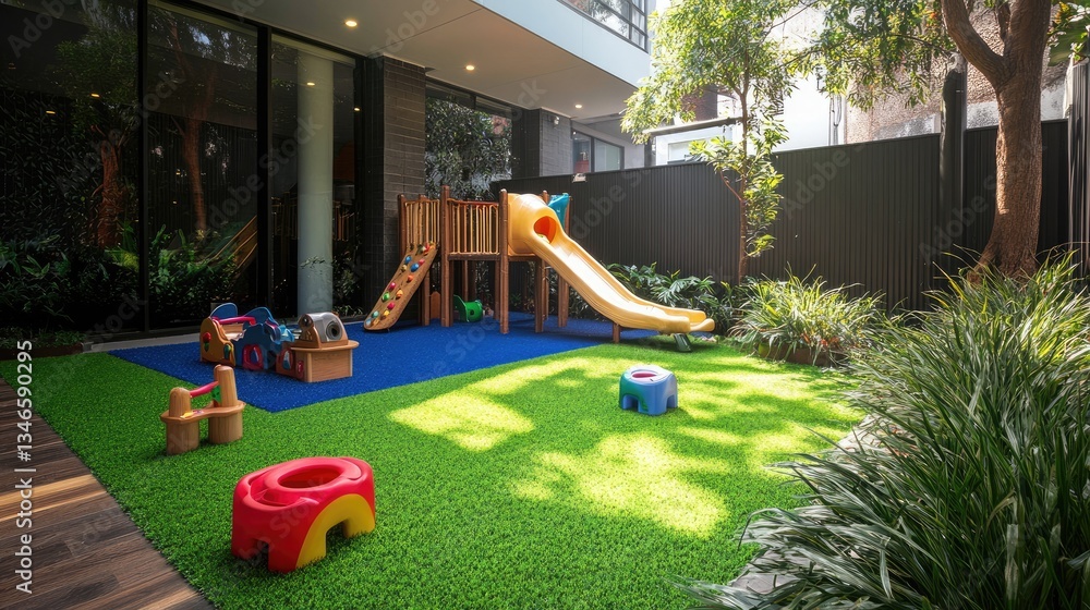 A play area with artificial grass in a bright green shade, creating a fun atmosphere