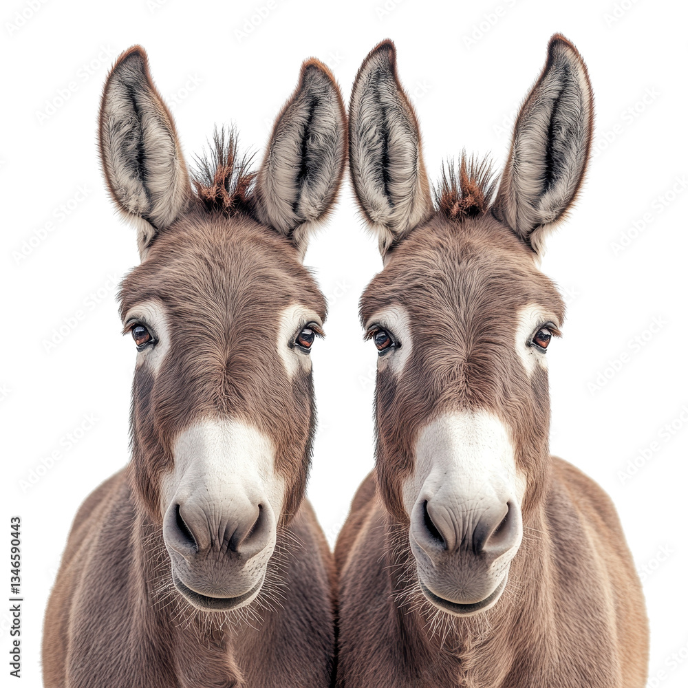 Close up portrait of a two donkeys front view isolated on white background. Close up portrait of a two donkeys front view isolated on white background.