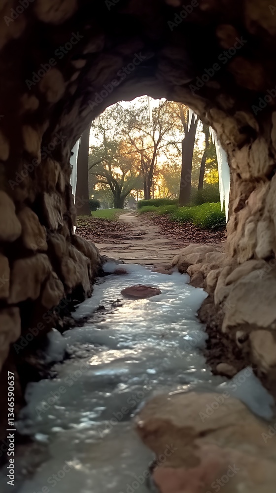 Obraz premium Frozen Stream Through Stone Archway.