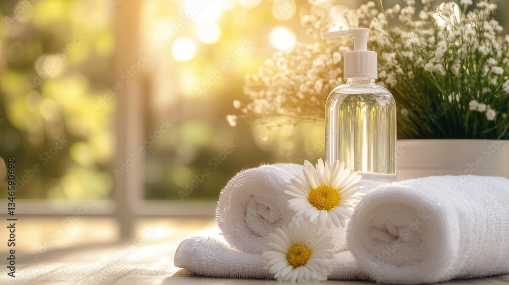 A tranquil sunlit spa scene with a clear bottle of lotion, white towels, and delicate flowers, capturing a sense of calm and relaxation. A tranquil sunlit spa scene with a clear bottle of lotion, white towels, and delicate flowers, capturing a sense of calm and relaxation.