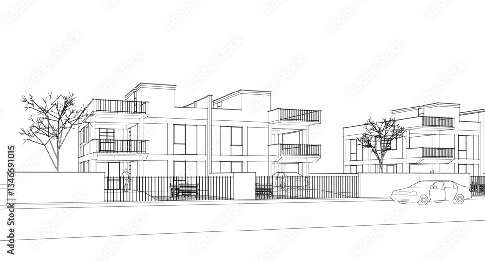 Naklejka premium modern townhouse sketch 3d illustration 