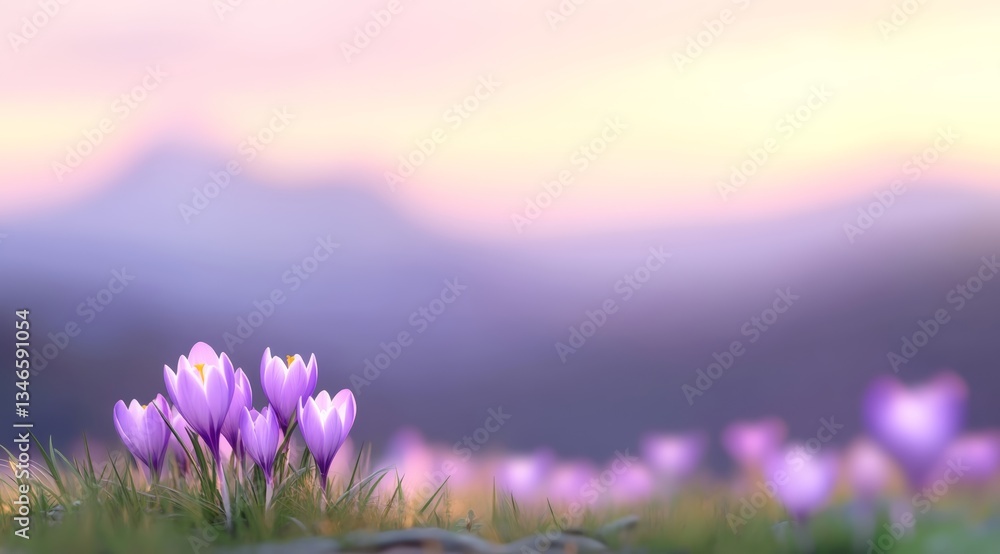 Obraz premium Purple Crocus Flowers Blooming in Alpine Meadow at Sunrise with Soft Pastel Mountain Background.