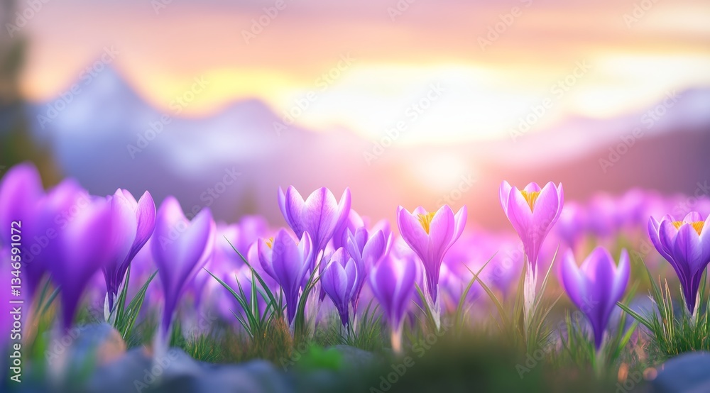 Purple Crocus Flowers Blooming in Alpine Meadow at Sunrise with Soft Pastel Mountain Background. Purple Crocus Flowers Blooming in Alpine Meadow at Sunrise with Soft Pastel Mountain Background.