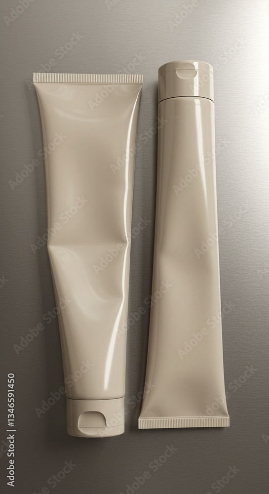 A pair of coffee-colored cosmetics tubes arranged vertically on a smooth silver background. A pair of coffee-colored cosmetics tubes arranged vertically on a smooth silver background.