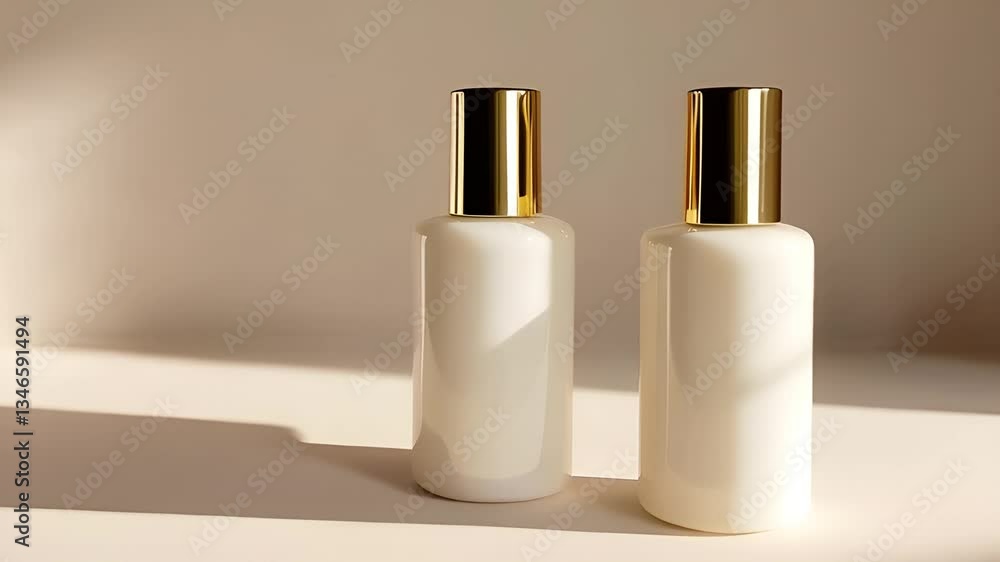 luxury two different care products with gold cap and white colors, close-up shot, minimalistic, light beige background, depth in the field, daylight, soft shadows luxury two different care products with gold cap and white colors, close-up shot, minimalistic, light beige background, depth in the field, daylight, soft shadows