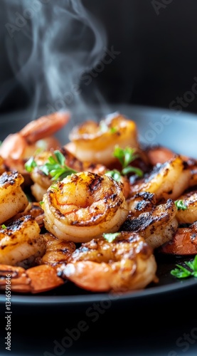 Hot and Smoky Grilled Shrimp with Spices and Herbs on a Black Plate for Seafood Cuisine.