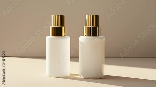 Wallpaper Mural luxury two different care products with gold cap and white colors, close-up shot, minimalistic, light beige background, depth in the field, daylight, soft shadows Torontodigital.ca