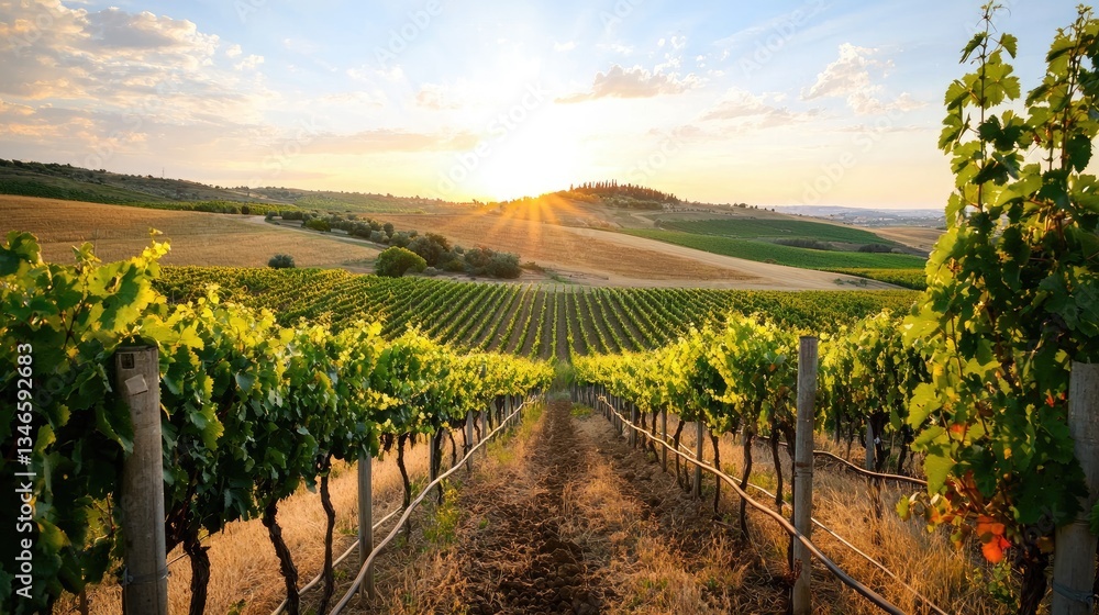 Naklejka premium The interplay of soil and vines under golden sunset light, showcasing the beauty of winemaking.