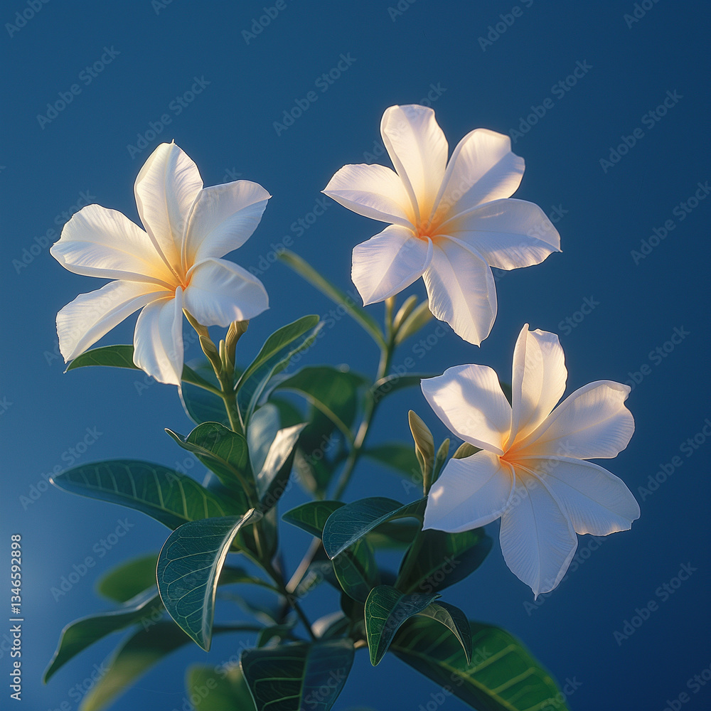 Fototapeta premium Glowing White Flowers with a Soft, Enchanting Radiance Blooming in a Serene, Deep Blue Setting.