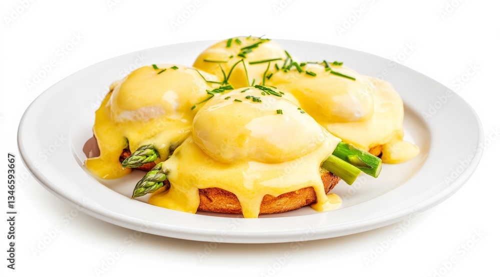 Perfectly Poached Egg with Runny Yolk Served with Fresh Asparagus on a White Plate. Perfectly Poached Egg with Runny Yolk Served with Fresh Asparagus on a White Plate.